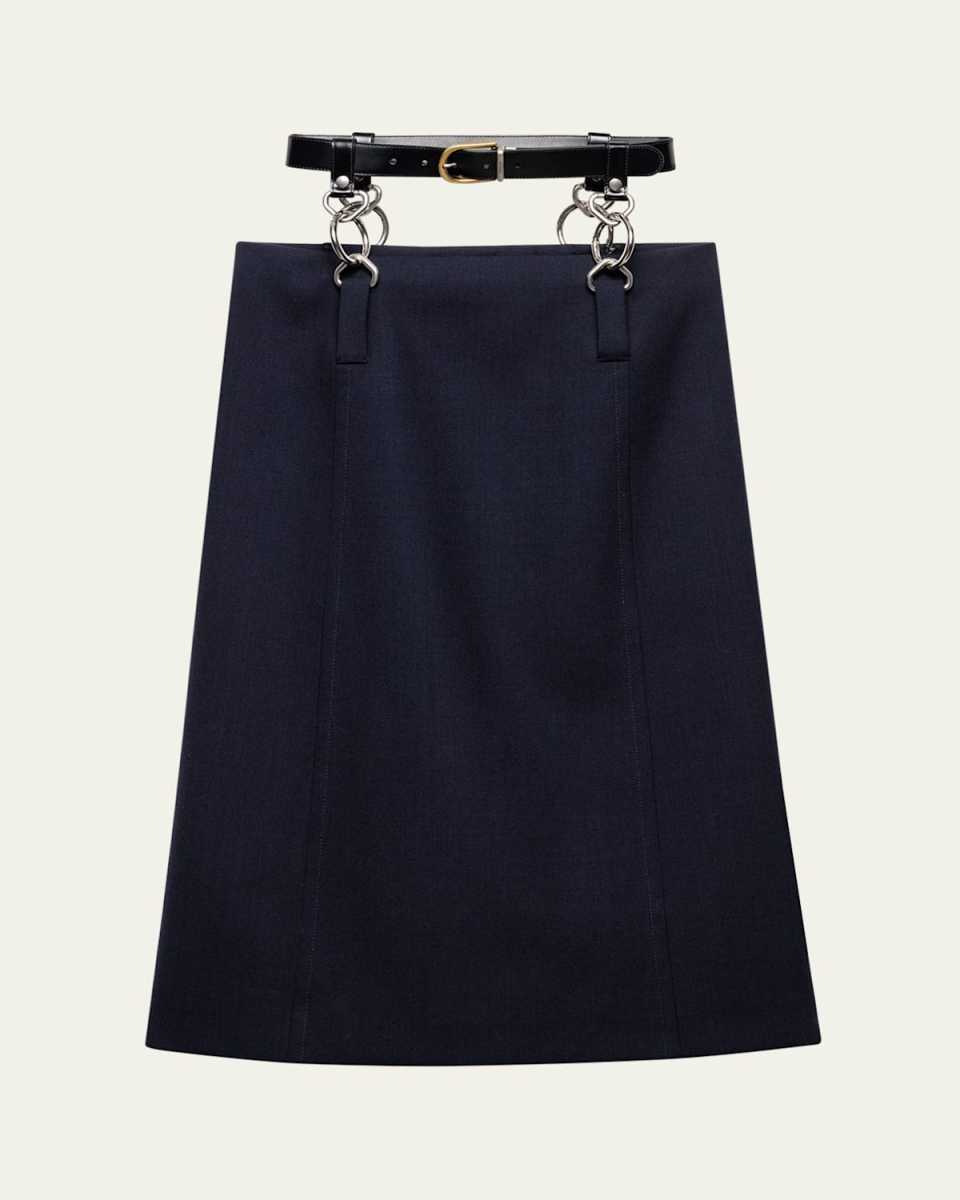 Floating Leather Belt Wool Midi Skirt